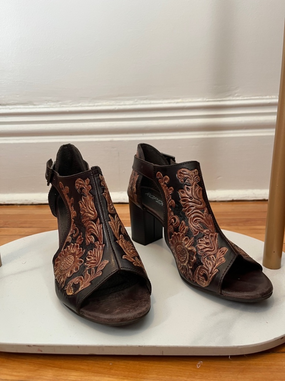 Roper Dark Brown Leather Floral Embroidered Open-Toe Block Heels